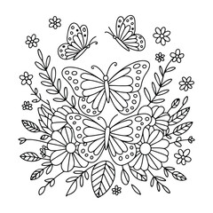 Butterfly and Floral Composition Line Art for Nature-Themed Coloring and Vector
