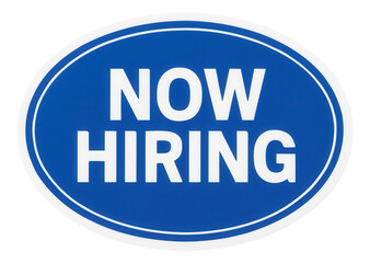 Fototapeta premium Blue oval sticker with NOW HIRING message in bold lettering, effective retail promotion offer on transparent background.