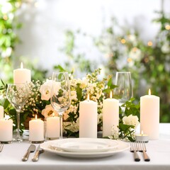 Elegant outdoor dining setup with candles and flowers