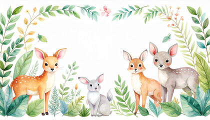 Watercolor illustration of adorable deer and rabbits surrounded by lush green foliage and floral elements.