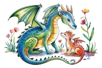 Fototapeta premium A watercolor painting of a mother dragon and her baby dragon art
