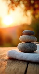 Stacked stones on towel, sunset bokeh background, balancing