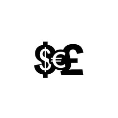Black and white graphic design of overlapping dollar, euro, and pound currency symbols.