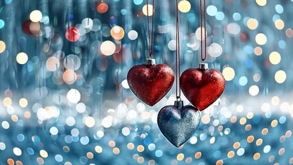 Three vibrant red and silver hearts sit elegantly on shimmering background, perfect for valentine's day celebrations. Romantic video symbolizes love and affection, ideal for greeting video cards