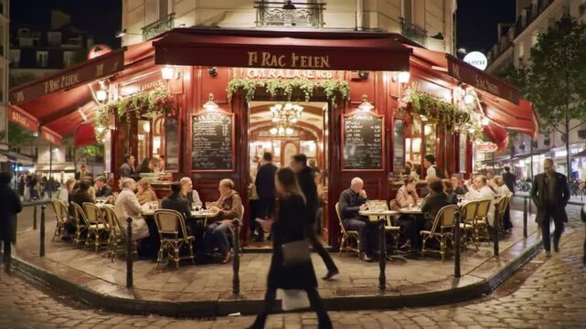 Cozy Parisian bistro bustling with diners enjoying evening meals on a lively street corner