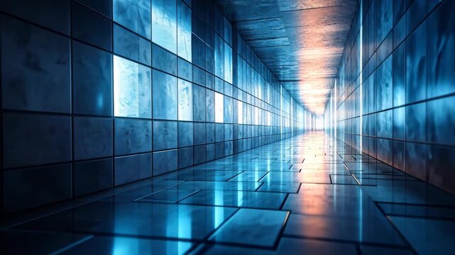 Abstract Blue Tiled Tunnel with Glowing Light.