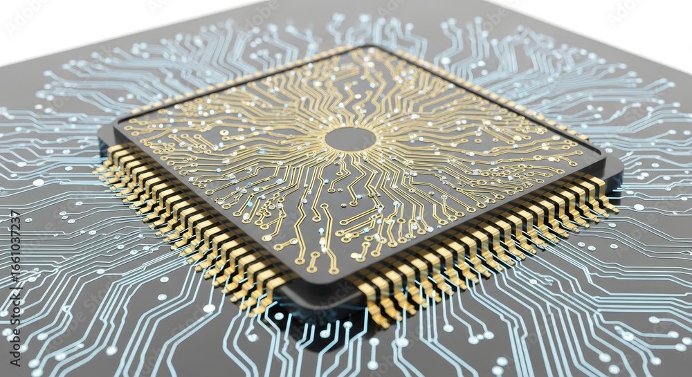 Poster close up view of a computer chip with gold pins and intricate circuit patterns on a grey surface