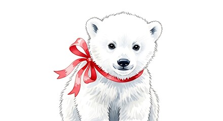 Fototapeta premium A Charming Winter Scene Featuring an Adorable Fluffy White Polar Bear Cub Wearing a Festive Red Ribbon Bow Around Its Neck and Sitting Gracefully Against a Pure White Background