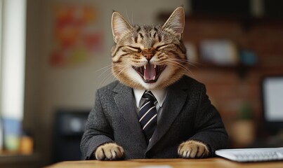 Office setting with a laughing cat dressed in a corporate suit and tie. The pet adds humor and fun to the workplace environment, playfully representing a company leader, Generative AI