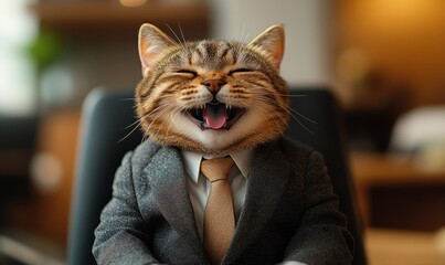 Office setting with a laughing cat dressed in a corporate suit and tie. The pet adds humor and fun to the workplace environment, playfully representing a company leader, Generative AI