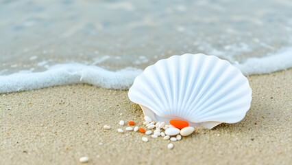 Obraz premium Elegant white scallop shell resting on sandy beach with gentle waves and tiny pearls