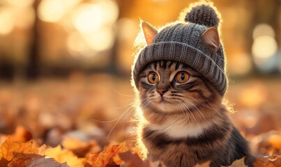 Cat in a cozy winter hat, set against a backdrop of autumn leaves and golden hour lighting. The playful look of the cat in the warm hat adds humor and comfort to the seasonal setting, Generative AI