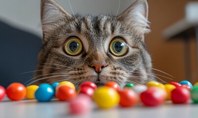 Domestic cat eyeing colorful sweets and candy, symbolizing the potential dangers of feeding pets human food. The image emphasizes the importance of keeping harmful sweets away, Generative AI