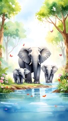 Elephants by a river