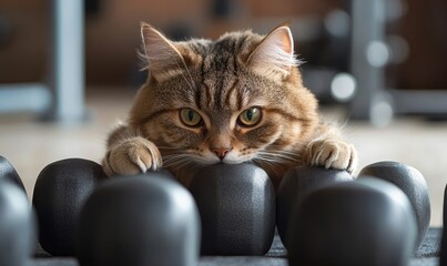 Cat in a gym, engaging in a playful workout routine. This amusing take on a healthy lifestyle for an overweight cat adds a humorous and light-hearted approach to fitness for pets, Generative AI