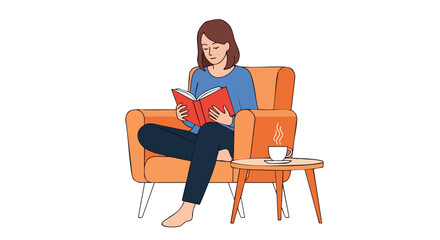 Fototapeta premium Cartoon illustration showcasing a woman engrossed in reading a novel, with a cup of tea on a side table, creating an atmosphere of comfort