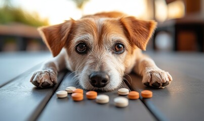 Dog antibiotics resistance and immunity concept, symbolized by medicine pills and capsules, representing the responsible use of antibiotics in veterinary medicine. This concept promotes, Generative AI