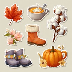 Autumn harvest stickers boots, pumpkin, soup, flowers.  Perfect for fall designs
