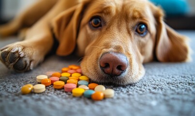 Dog antibiotics resistance and immunity concept, symbolized by medicine pills and capsules, representing the responsible use of antibiotics in veterinary medicine. This concept promotes, Generative AI