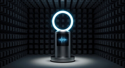 Illuminated ring above a pedestal with a sound wave display in an anechoic chamber