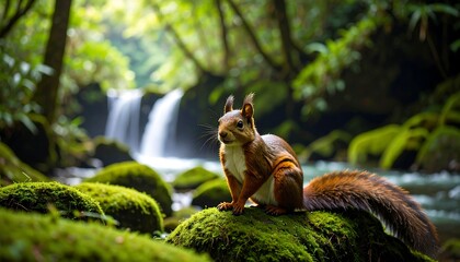 Fototapeta premium Squirrel in a lush forest by a waterfall