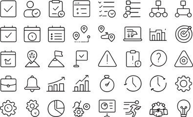 Fototapeta premium Black outline icons for project management and task tracking