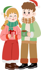 Cartoon Cheerful Couple Celebrating Christmas Holiday with Gift and Beverage