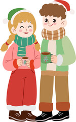 Cartoon Style Happy Couple Wearing Winter Clothes Illustration Element