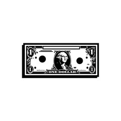 Stylized black and white illustration of a United States one dollar bill featuring George Washington's portrait.