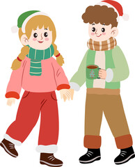 Cartoonish Handdrawn Couple Walking Together Enjoying Winter Holiday Illustration
