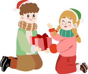 Cheerful Cartoon Young Couple Exchanging Christmas Present Illustration Graphics