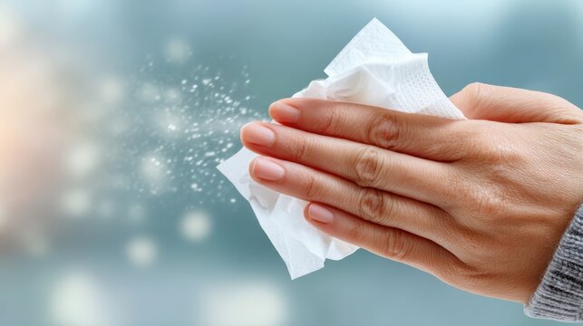 A hand is using a tissue to wipe away particles, emphasizing cleanliness and hygiene in a blurred, soft-focus background.