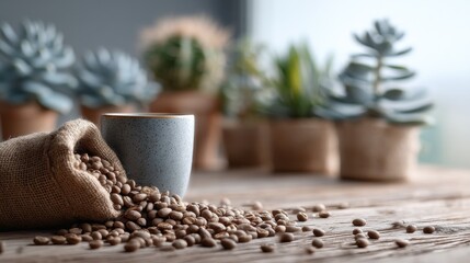 Rustic Coffee Beans Burlap Sack Mug Succulents