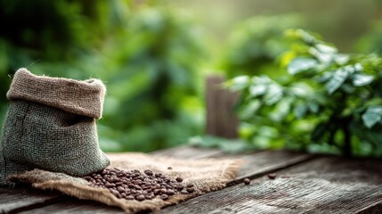 Rustic Coffee Beans Burlap Sack Wooden Table Nature Background
