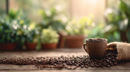 Rustic Coffee Beans Mug Ground Coffee Burlap Sack Plants Background