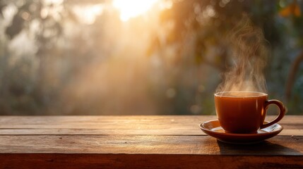 Warm Coffee Cup on Wooden Table Sunrise Background