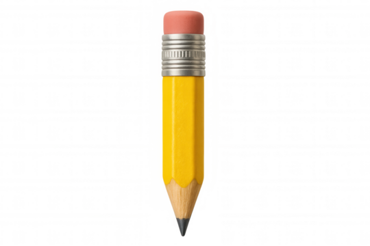 Classic yellow pencil with pink eraser and metal ring, isolated on transparent background, ready for creative projects