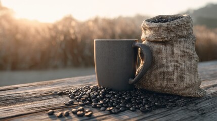 Rustic Coffee Beans Mug Sunrise Burlap Sack Wooden Table