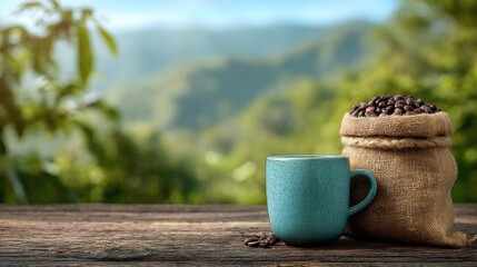 Rustic Coffee Beans in Burlap Sack Blue Mug Nature Background