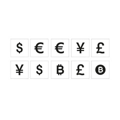 Fototapeta premium A collection of currency symbols including dollar, euro, yen, pound, and bitcoin arranged in two rows on white squares.