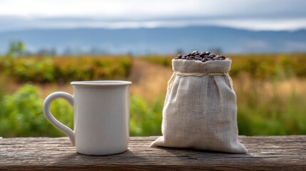 Rustic Coffee Mug Beans Bag Farm Landscape