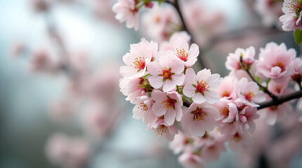 Obraz premium Close-up cherry blossoms with soft blurred background. Ideal for Japanese culture content, spring branding, and delicate nature artwork