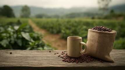 Rustic Coffee Mug Beans Burlap Sack Coffee Plantation Background