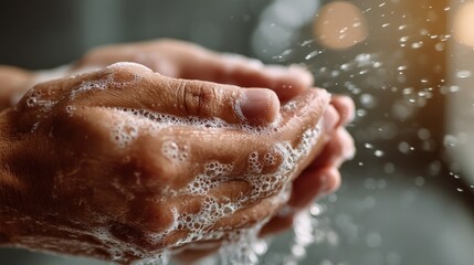 Fototapeta premium A close-up of hands washing with soap, creating bubbles, symbolizing cleanliness and hygiene in a soft, illuminated environment.