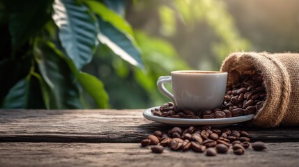 Aromatic Coffee Beans Espresso Cup on Rustic Wood
