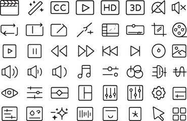 Collection of black and white video editing and media player icons