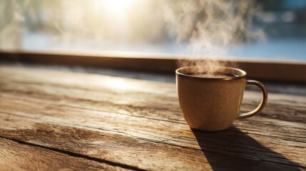 Warm Coffee Steam Morning Sunlit Wooden Table