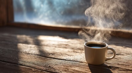 Warm Coffee Steam Winter Morning Sunlit Wooden Table