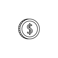A simple line drawing illustration of a coin with a dollar sign on a white background.
