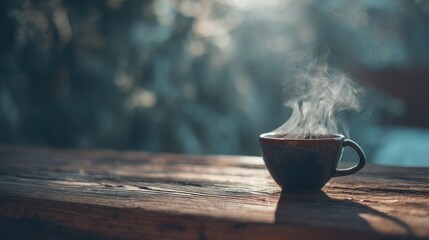 Warm Drink Steaming Mug on Wooden Table Cozy Outdoors